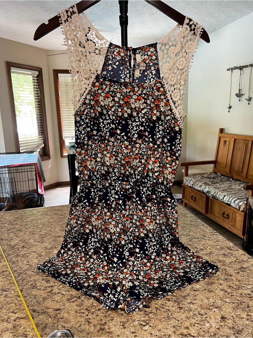 Floral Navy and Orange boutique Crochet-Trim Sleeveless shorts romper S